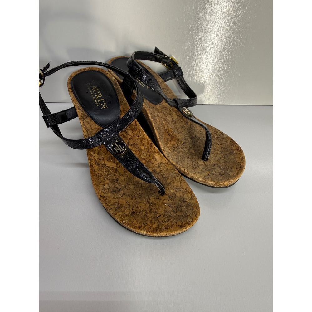 Lauren Ralph Lauren Black Patent Leather Cork Wedge T-Strap Sandals Sz 8.5B